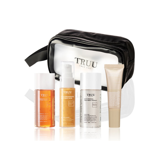 Pencuci Muka TRUU 76 -30g + Masker Emas -30ml + Esen Rawatan -30g + Krim Pembaharuan -10ml + Beg Kosmetik | Set Hadiah Percubaan