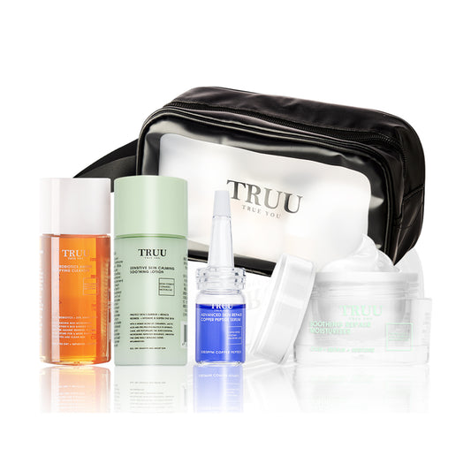 Pencuci Muka TRUU 76 -30g + Losyen Penenang -30g + Serum Peptida Kuprum -7ml + Krim Pembaikan -8g + Beg Perjalanan Penjagaan Kulit | Set Hadiah Percubaan