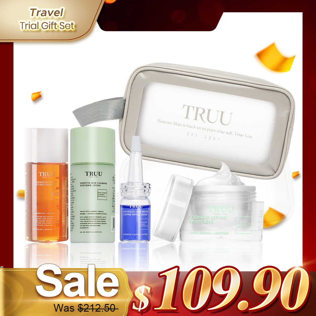 TRUU 76 Cleanser -30g + Soothing Lotion -30g + Copper Peptide Serum -7ml + Repair Cream -8g + Skincare Travel Bag | Trial Gift Set