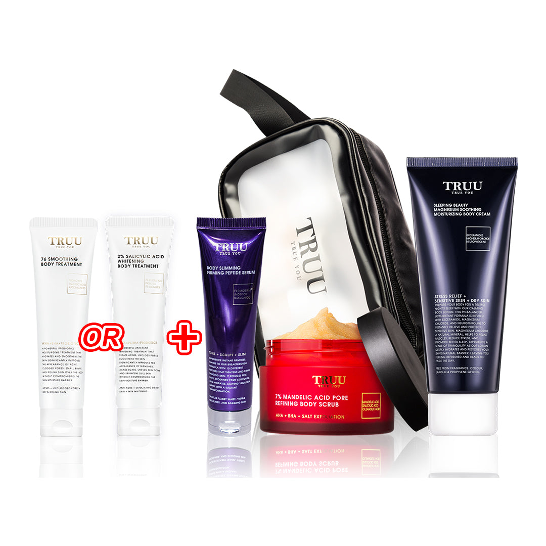 TRUU (76 Body Treatment / 2% Salicylic Body Treatment) Pick one + Body Slimming Serum -30g + Body Scrub -70g + Body Cream -100ml + Skincare Travel Bag | Trial Gift Set