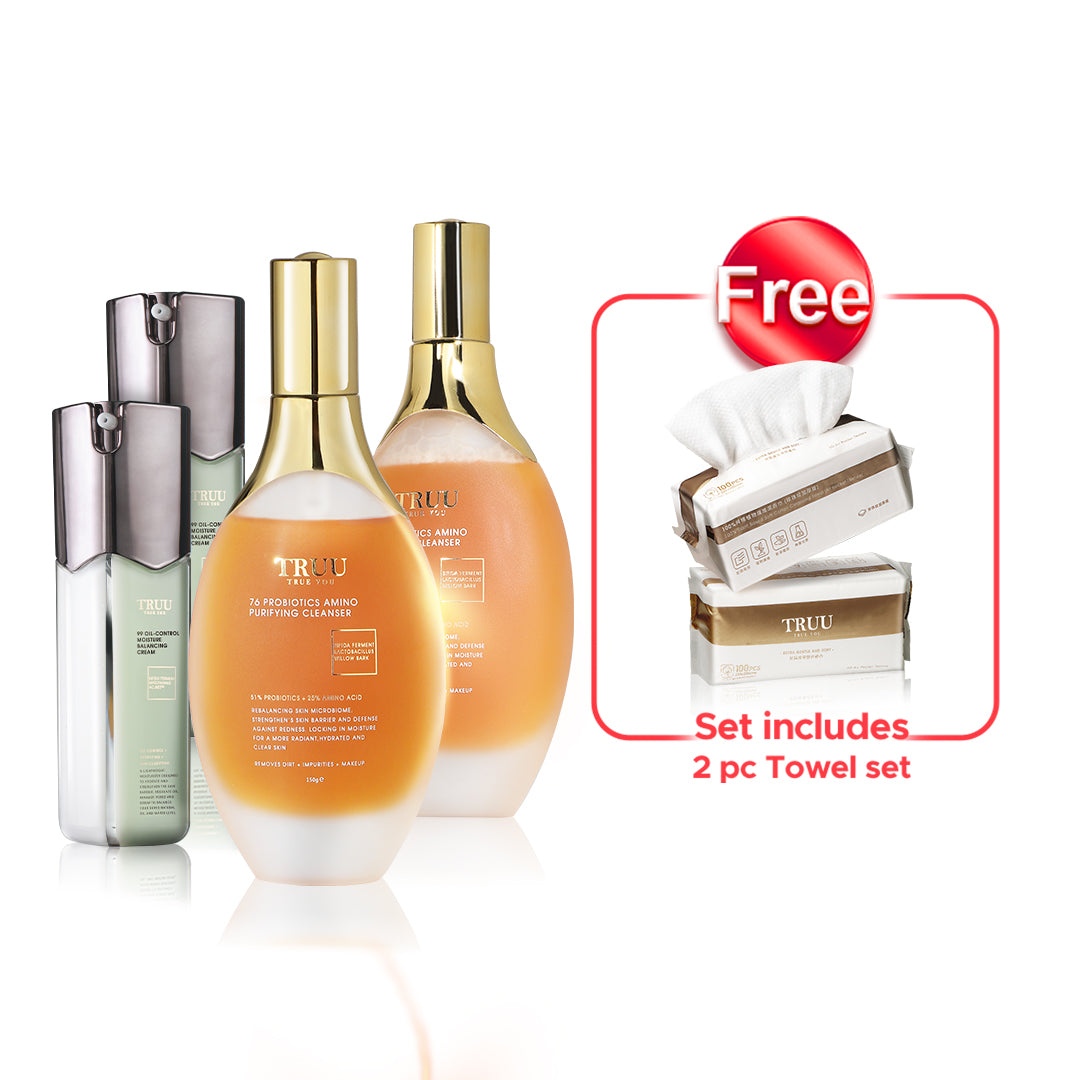 TRUU 76 Probiotics Amino Purifying Cleanser x2 + 99 Oil Control Moisture Balancing Cream x2【PERCUMA】Tuala Pembersih x2