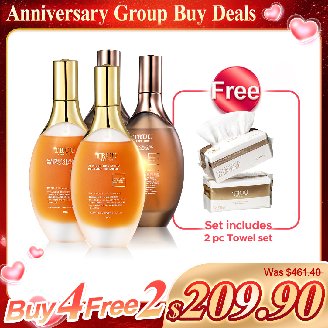 TRUU (76 Probiotics Amino Purifying Cleanser / 76 Probiotic Salicylic Purifying Cleanser ) Pick 4【FREE】Cleansing Towels x2