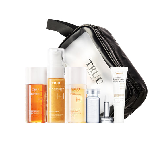 TRUU 76 Cleanser -30g + Gold Bubble Mask -50ml + Treatment Essence -30ml + Hydrating Repair Essence -10ml + UV Expert -10ml + Skincare Travel Bag