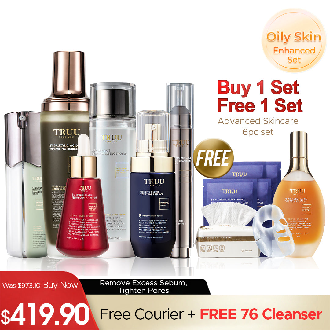 TRUU 76 Cleanser + 5% Mandelic Acid Serum + 45 Essence + 99 Cream【FREE】Whitening Toner -30ml + Hydrating Essence 10ml + Bubble Mask -30ml