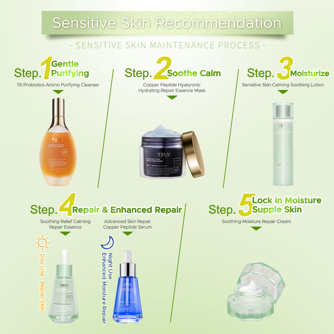 TRUU 76 Cleanser + Sensitive Lotion + Repair Essence + Repair Cream【FREE】Copper Peptide Mask-30g + Copper Peptide Serum-7ml