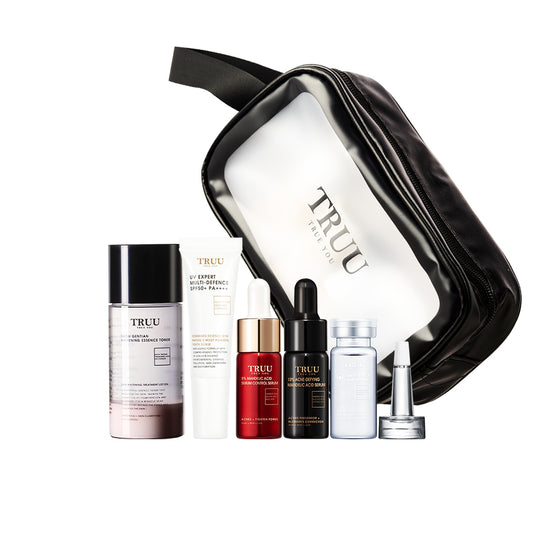 TRUU Whitening Essence Toner-30g + 5% Mandelic Acid -8g + 10% Acne-Defying -8g + Hydrating Repair Essence -10ml + UV Expert -10ml + Skincare Travel Bag