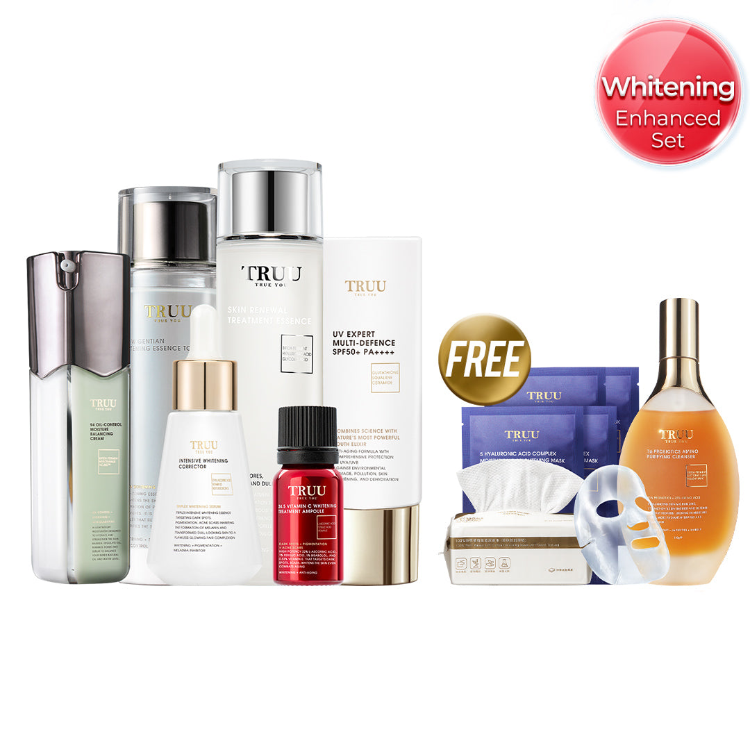 TRUU Whitening Essence + 24.5 Whitening Ampoule + 99 Cream + UV Fluid【FREE】Cleanser-30ml + Renewal Essence-30ml + Whitening Toner-30ml