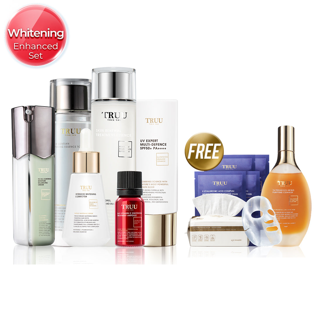 TRUU Whitening Essence + 24.5 Whitening Ampoule + 99 Cream + UV Fluid【FREE】Cleanser-30ml + Renewal Essence-30ml + Whitening Toner-30ml