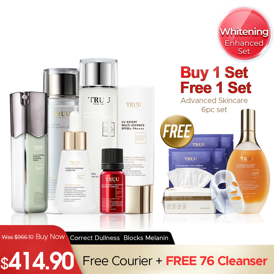 TRUU Whitening Essence + 24.5 Whitening Ampoule + 99 Cream + UV Fluid【FREE】Cleanser-30ml + Renewal Essence-30ml + Whitening Toner-30ml