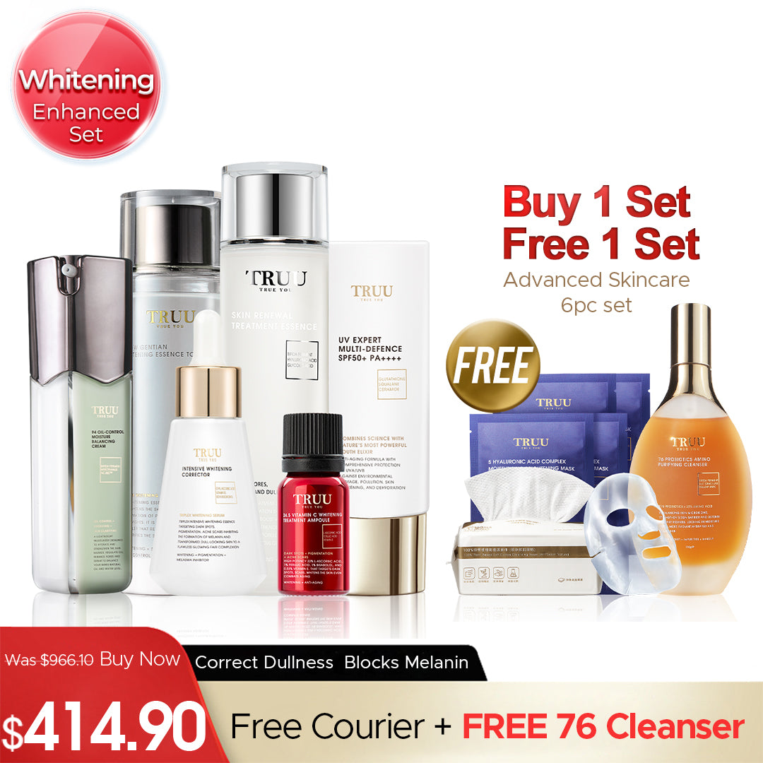 TRUU Whitening Essence + 24.5 Whitening Ampoule + 99 Cream + UV Fluid【FREE】Cleanser-30ml + Renewal Essence-30ml + Whitening Toner-30ml