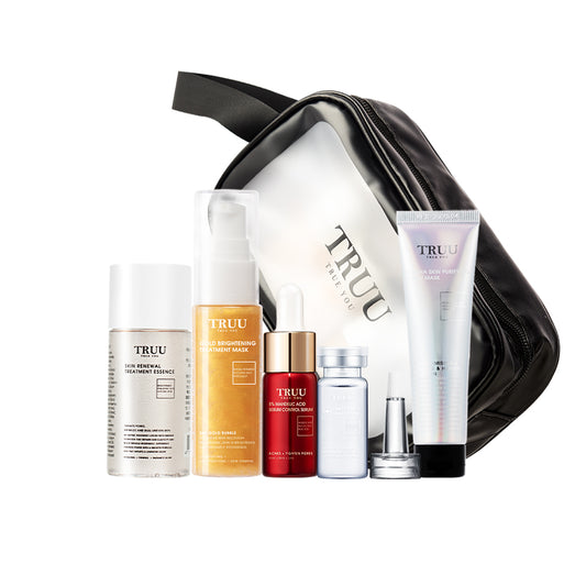 TRUU Skin Renewal Treatment Essence -30g + Gold Brightening Treatment Mask -30ml + 5% Mandelic Acid -8g + Hydrating Repair Essence -10ml + 2% BHA Skin Purifying Glow Mask 30ml + Skincare Travel Bag