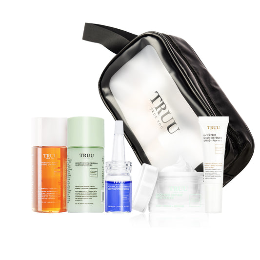 TRUU 76 Cleanser -30g + Soothing Lotion -30g + Copper Peptide Serum -7ml + Repair Cream -8g + UV Expert -10ml + Skincare Travel Bag