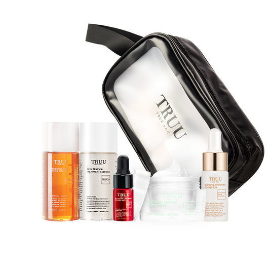 TRUU 76 Cleanser -30g + Skin Renewal Essence -30g + 24.5 Vitamin C -3ml + Dark Spot Corrector -10ml + Repair Cream -8g + Skincare Travel Bag