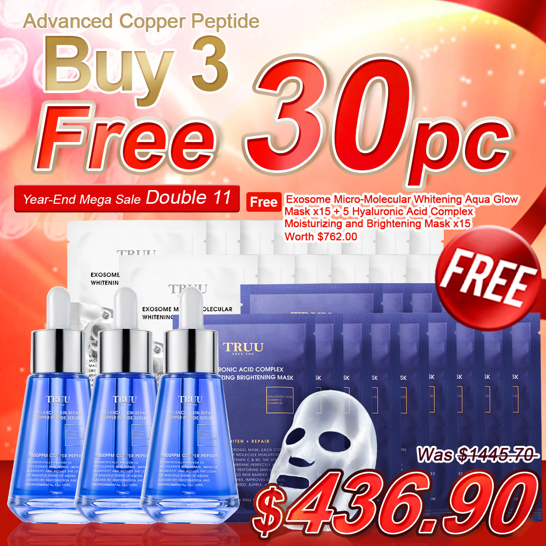 TRUU Advanced Skin Repair Copper Peptide Serum x3【Free】Exosome Micro-Molecular Whitening Aqua Glow Mask x15 + 5 Hyaluronic Acid Brightening Mask x15