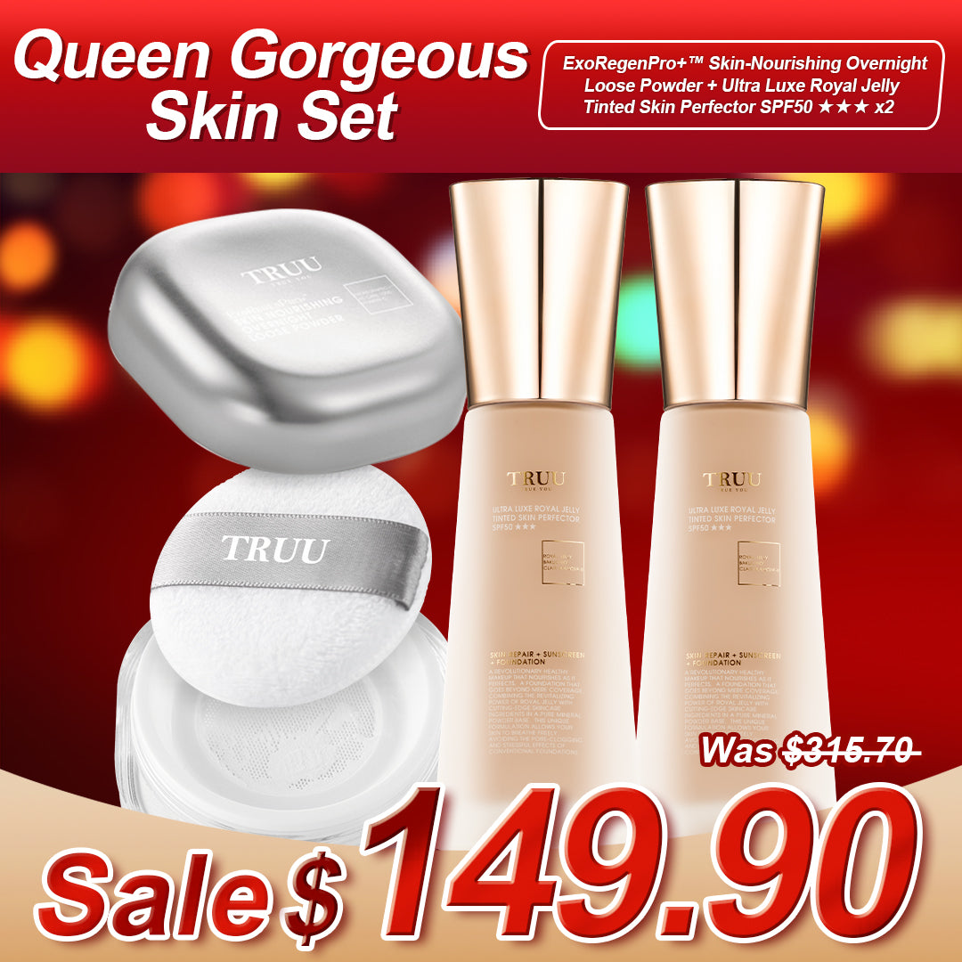 TRUU Ultra Luxe Royal Jelly Tinted Skin Perfector SPF50★★★ x2 + ExoRegenPro+™ Skin-Nourishing Overnight Loose Powder | Queen's Sale Set