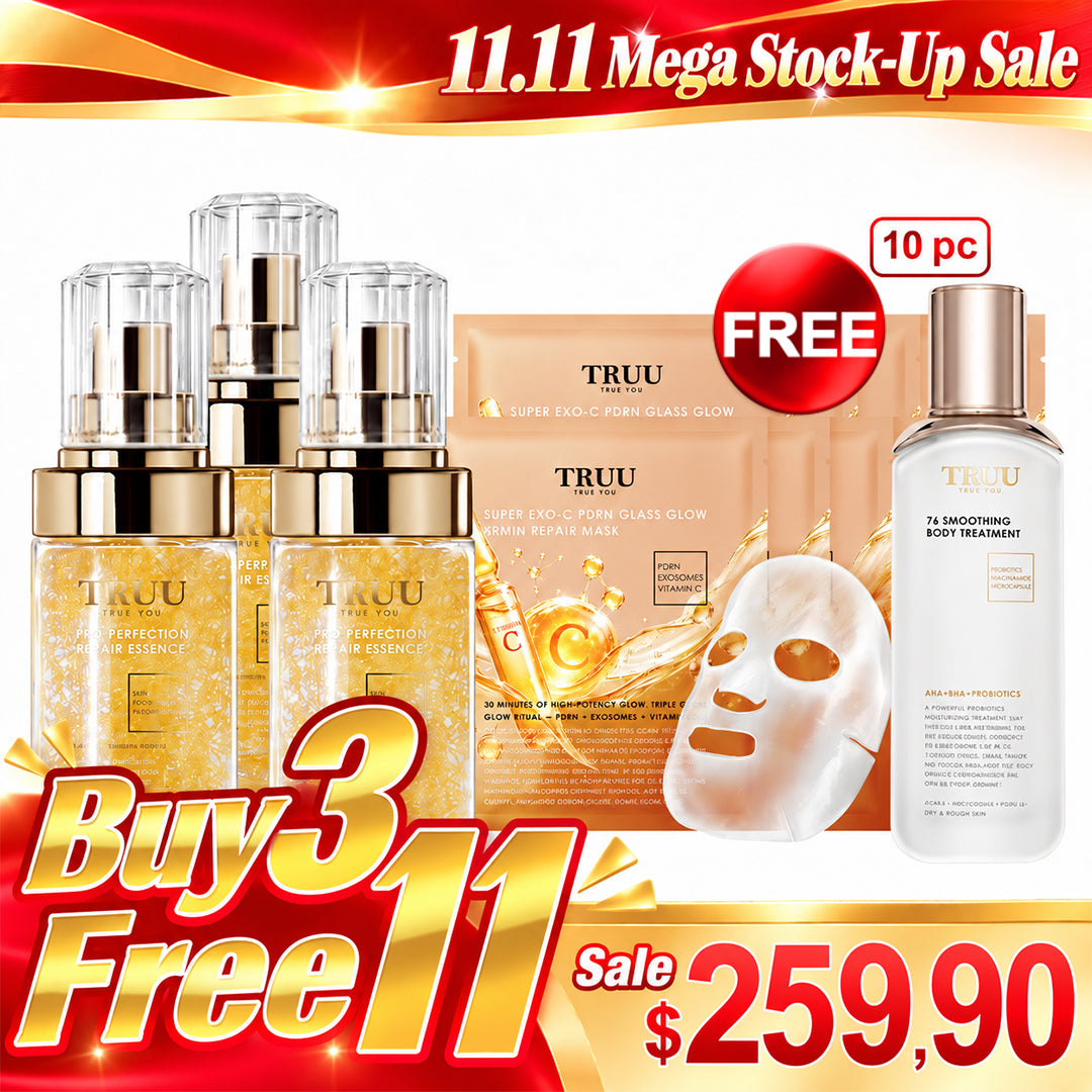 TRUU Pro Perfection Repair Essence x3【Free】Super Exo-C PDRN Glass Glow 30min Repair Mask x10 + 76 Smoothing Body Treatment