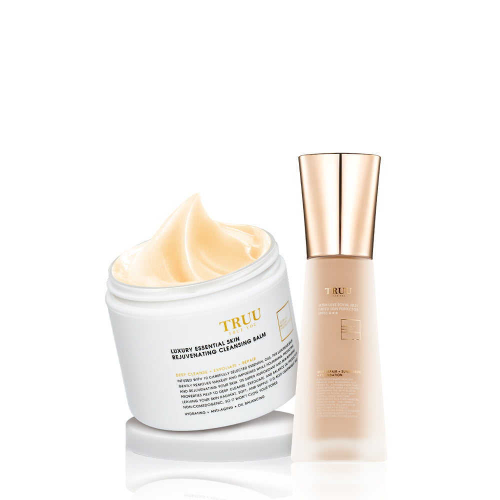 TRUU Luxury Essential Skin Rejuvenating Cleansing Balm + Ultra Luxe Royal Jelly Tinted Skin Perfector SPF50★★★【Free】Ultra-Fitting Elastic Puff