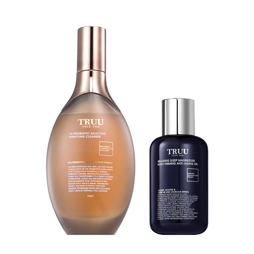 TRUU Relaxing Sleep Magnesium Body Firming Anti-Aging Oil + (76 Probiotics Amino Purifying Cleanser / 76 Probiotic Salicylic Purifying Cleanser) Pick One