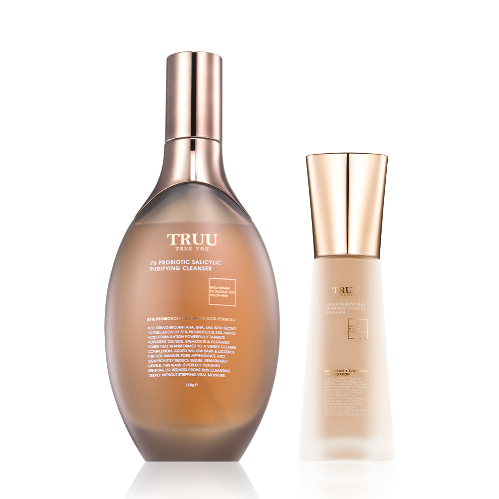 TRUU 76 Probiotic Salicylic Purifying Cleanser + Ultra Luxe Royal Jelly Tinted Skin Perfector SPF50★★★