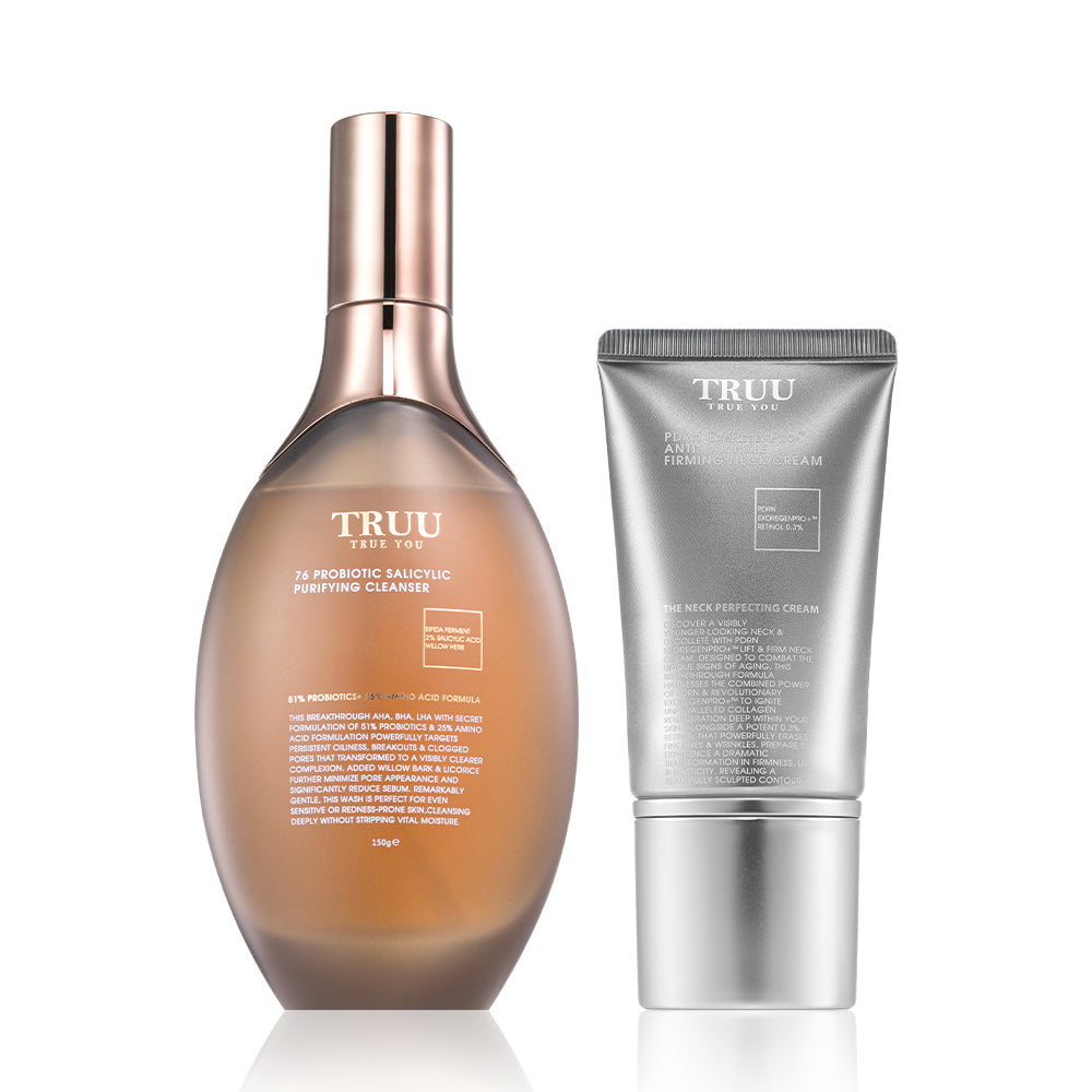 TRUU 76 Probiotic Salicylic Purifying Cleanser + PDRN ExoRegenPro+™ Anti-Wrinkle Firming Neck Cream