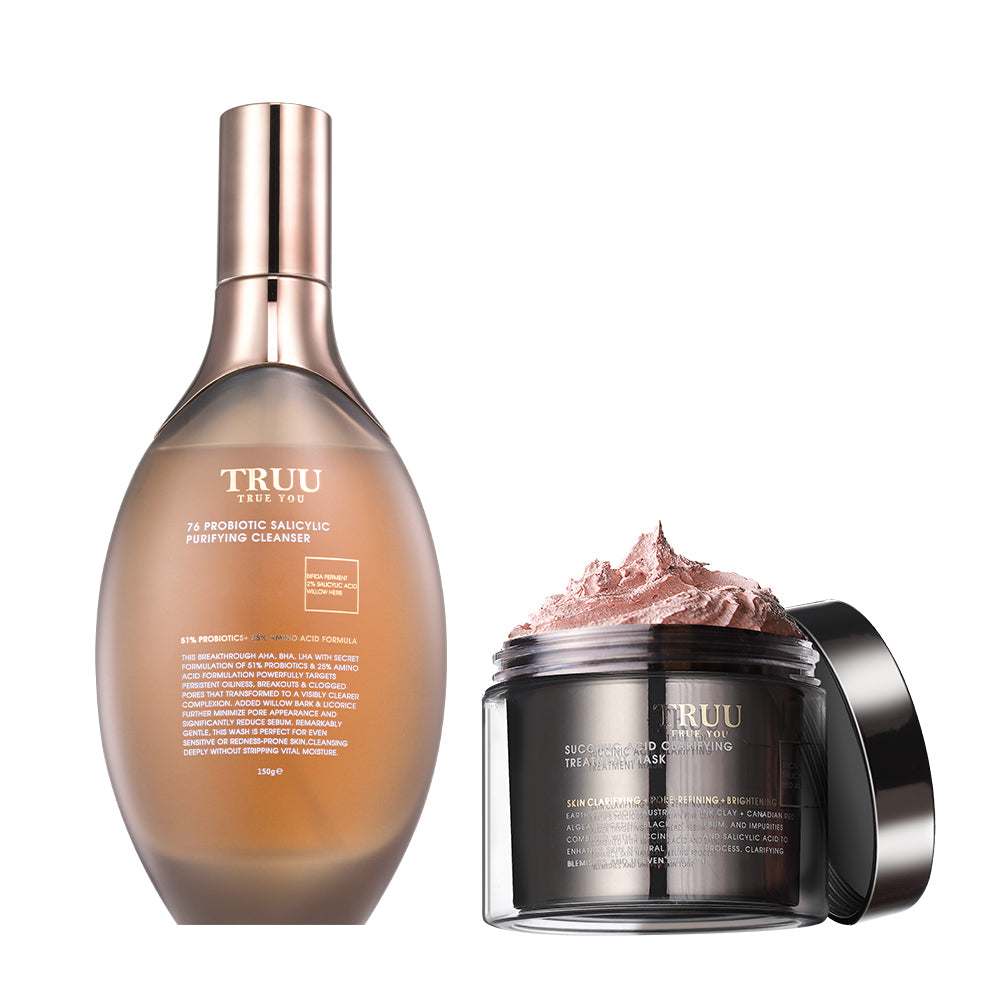 TRUU 76 Probiotic Salicylic Purifying Cleanser + (Succinic Acid Clarifying Treatment Mask / 2% BHA Skin Purifying Glow Mask) Pick One