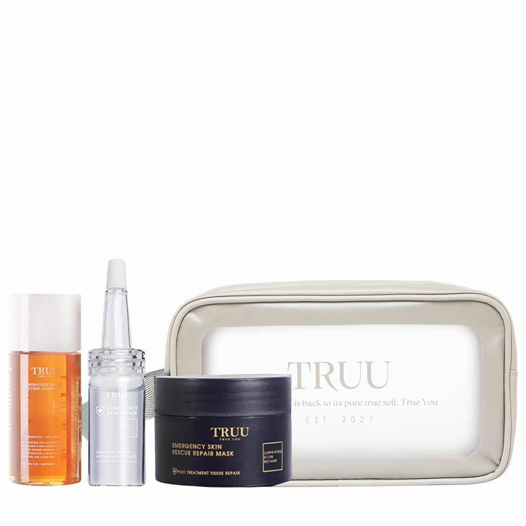 Pencuci Muka TRUU 76 30ml Saiz Perjalanan + Pati Pembaikan Penghidratan 10ml Saiz Perjalanan + Masker Pembaikan Kulit -30g Saiz Perjalanan + Beg Perjalanan Penjagaan Kulit