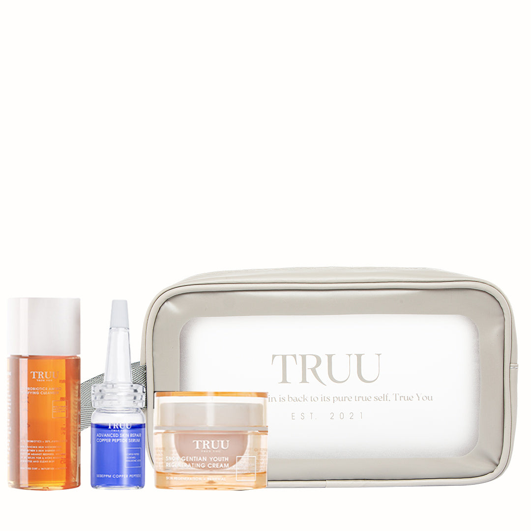 TRUU 76 Cleanser 30ml Travel size + Copper Peptide Serum -7ml Travel Size + Regenerating Cream -10g Travel Size + Skincare Travel Bag