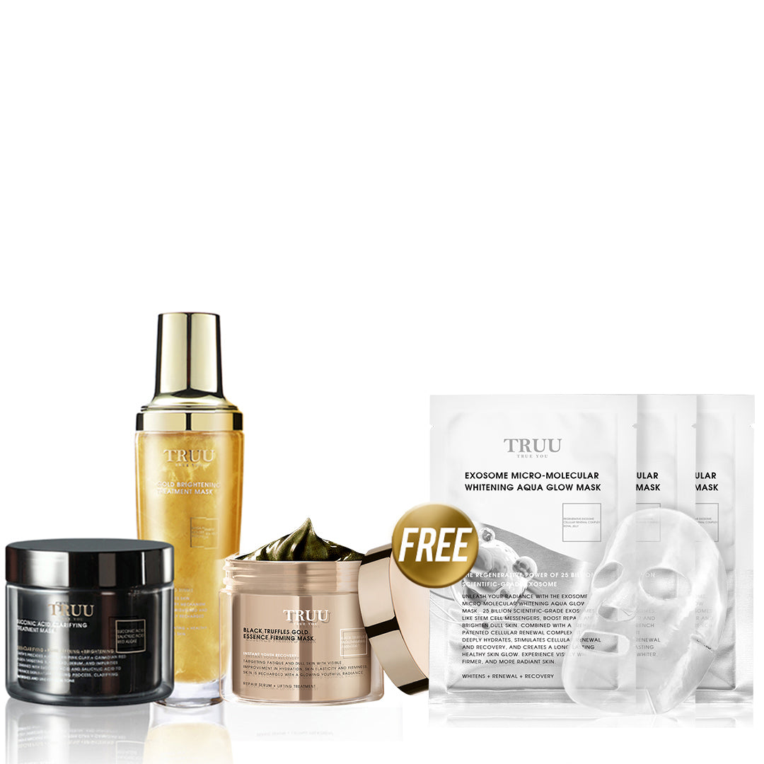 TRUU Succinic Acid Clarifying Treatment Mask + Black Truffles Gold Essence Firming Mask + Gold Brightening Mask【FREE】Whitening Aqua Glow Mask x3 pc