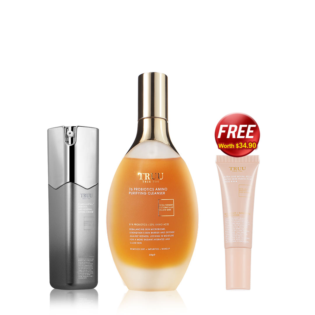 TRUU TRUU 76 Cleanser + (Royal Jelly Youth Renewal Cream / Copper Peptide Repair Essence / Rentinol Age-Renewal Lifting Cream) Pick one【FREE】Ultra Luxe Royal Jelly Tinted Skin Perfector SPF50 ★★★ 10ML