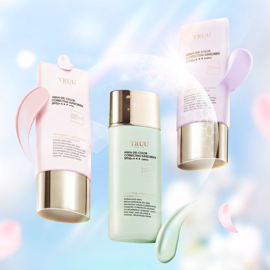 TRUU Aqua Gel Color Correcting Sunscreen SPF50+★★★(3 colors) x2 + Whitening Dark Spot Corrector + 24.5 Vitamin C Whitening Treatment Ampoule【Free】Exosome Glow Mask x8