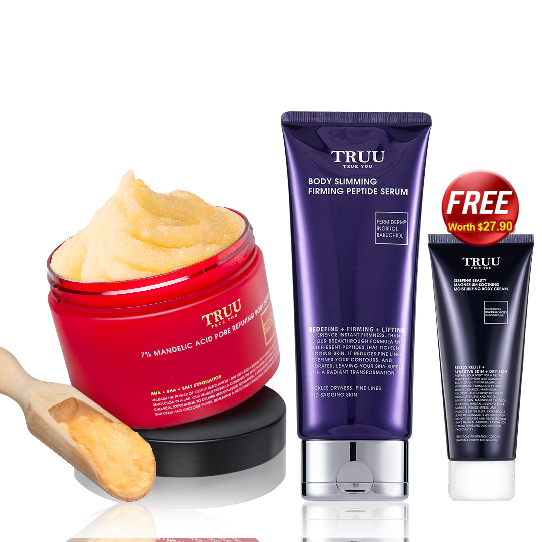 TRUU 7% Mandelic Acid Body Scrub + (76 Body Treatment / 2% Salicylic Body Treatment / Body Slimming Serum)【FREE】Sleeping Beauty Magnesium Body Cream 100ML