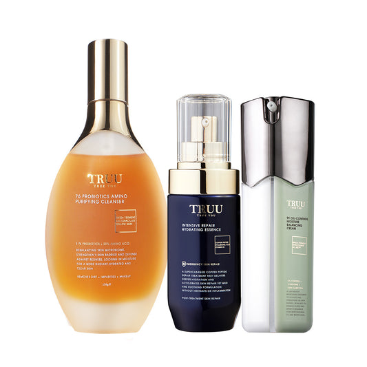 TRUU 76 Probiotics Amino Purifying Cleanser + Copper Peptide Hyaluronic Hydrating Repair Essence + 99 Oil-Control Moisture Balancing Cream