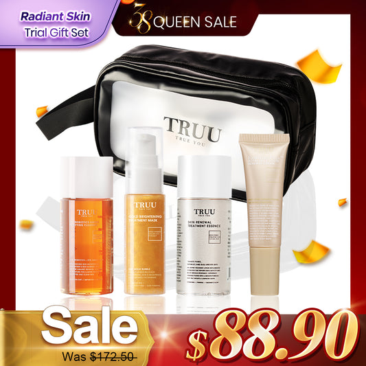 Pencuci Muka TRUU 76 -30g + Masker Emas -30ml + Esen Rawatan -30g + Krim Pembaharuan -10ml + Beg Kosmetik | Set Hadiah Percubaan