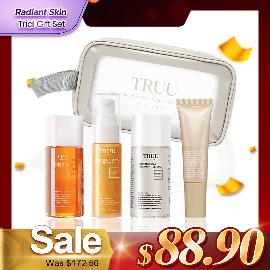 TRUU 76 Cleanser -30g + Gold Mask -30ml + Treatment Essence -30g + Renewal Cream -10ml + Skincare Travel Bag | Trial Gift Set