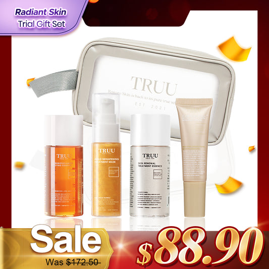 TRUU 76 Cleanser -30g + Gold Mask -30ml + Treatment Essence -30g + Renewal Cream -10ml + Skincare Travel Bag | Trial Gift Set