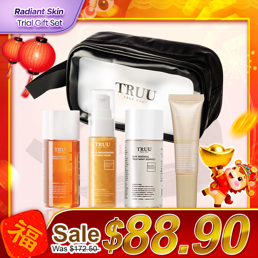 TRUU 76 Cleanser -30g + Gold Mask -30ml + Treatment Essence -30g + Renewal Cream -10ml + Skincare Travel Bag | Trial Gift Set