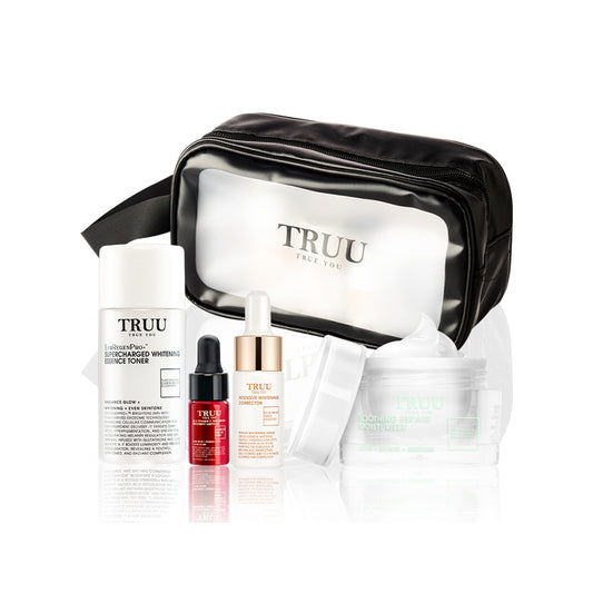 TRUU Essence Toner -30ml + 24.5 Vitamin C -3ml + Dark Spot Corrector -10g + Repair Cream -8g + Skincare Travel Bag | Trial Gift Set