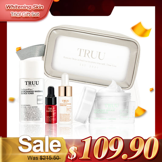 TRUU Essence Toner -30ml + 24.5 Vitamin C -3ml + Dark Spot Corrector -10g + Repair Cream -8g + Skincare Travel Bag | Trial Gift Set