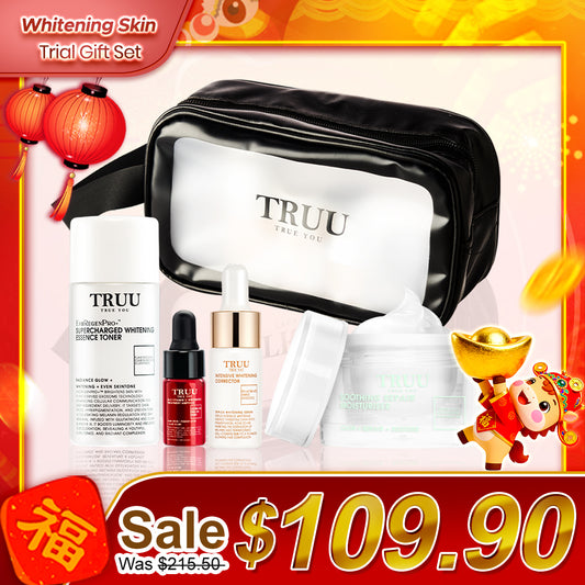 TRUU Essence Toner -30ml + 24.5 Vitamin C -3ml + Dark Spot Corrector -10g + Repair Cream -8g + Skincare Travel Bag | Trial Gift Set