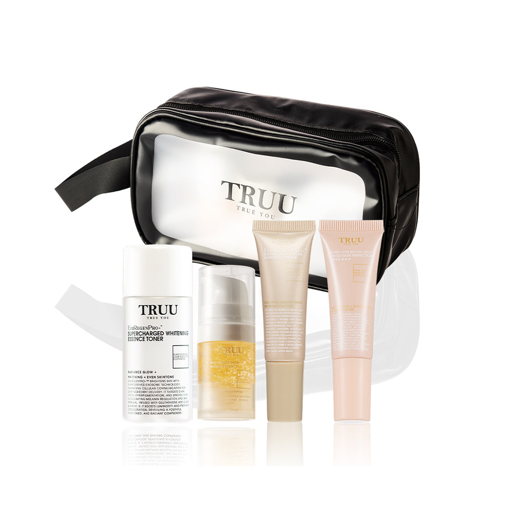 TRUU Essence Toner -30ml + Repair Essence -10ml + Renewal Cream -10ml + Tinted Skin Perfector SPF50 ★★★ -10ml + Beg Perjalanan Penjagaan Kulit | Set Hadiah Percubaan