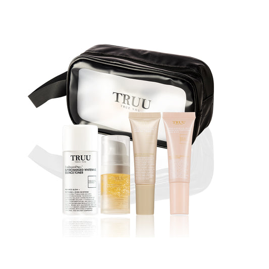 TRUU Essence Toner -30ml + Repair Essence -10ml + Renewal Cream -10ml + Tinted Skin Perfector SPF50 ★★★ -10ml + Skincare Travel Bag | Trial Gift Set
