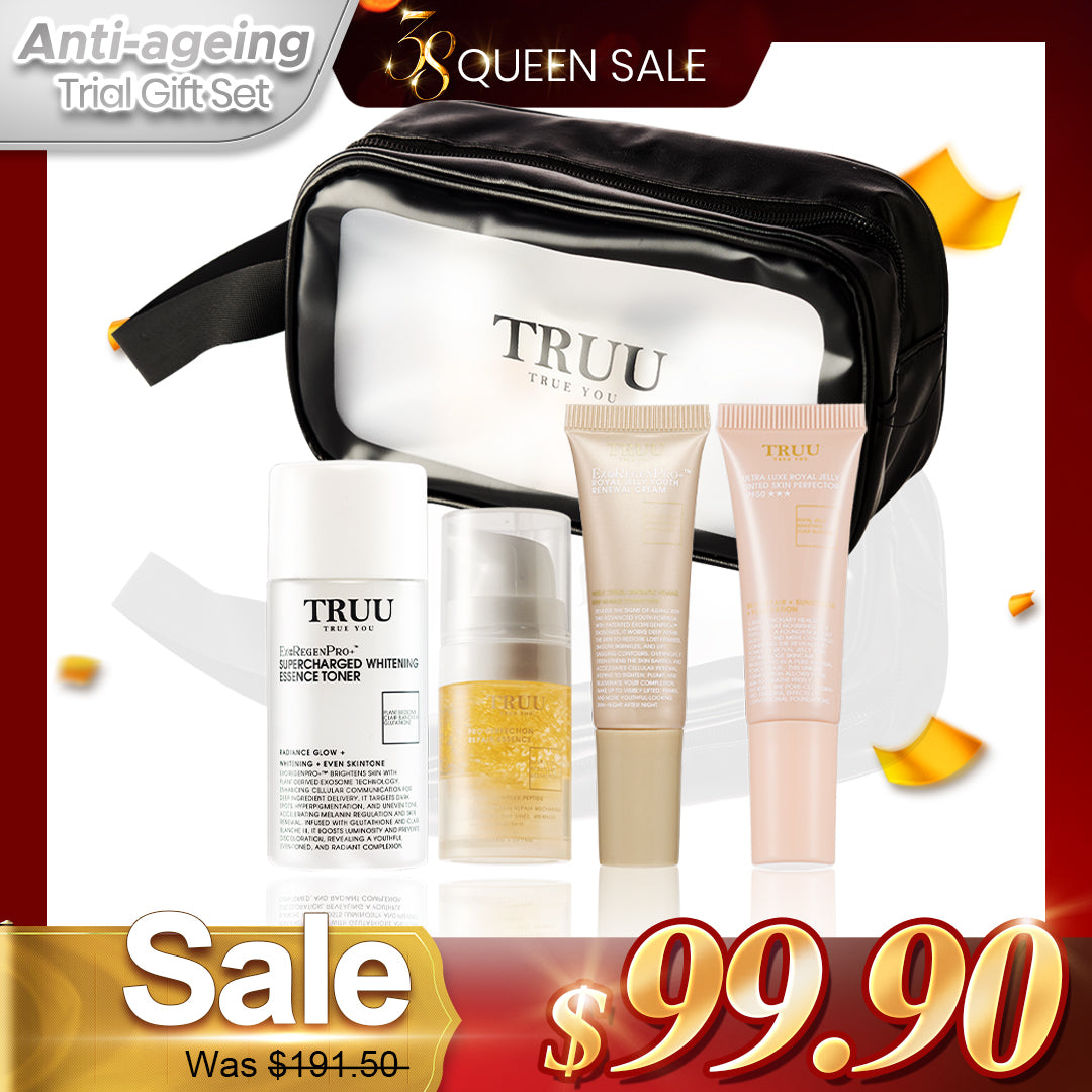 TRUU Essence Toner -30ml + Repair Essence -10ml + Renewal Cream -10ml + Tinted Skin Perfector SPF50 ★★★ -10ml + Beg Perjalanan Penjagaan Kulit | Set Hadiah Percubaan