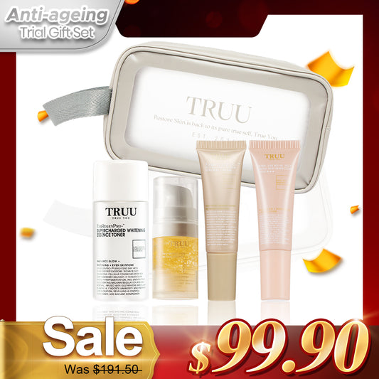 TRUU Essence Toner -30ml + Repair Essence -10ml + Renewal Cream -10ml + Tinted Skin Perfector SPF50 ★★★ -10ml + Skincare Travel Bag | Trial Gift Set