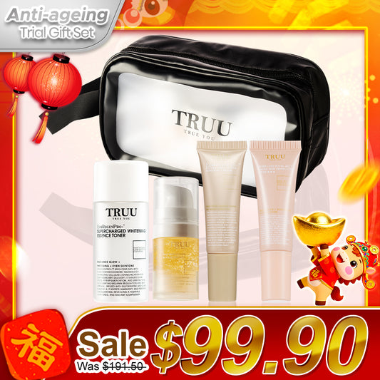 TRUU Essence Toner -30ml + Repair Essence -10ml + Renewal Cream -10ml + Tinted Skin Perfector SPF50 ★★★ -10ml + Skincare Travel Bag | Trial Gift Set
