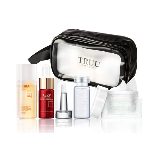 TRUU Treatment Essence - 30ml + 5% Mandelic Acid -8g + Repair Essence -10ml + Repair Cream -8g + Skincare Travel Bag | Trial Gift Set