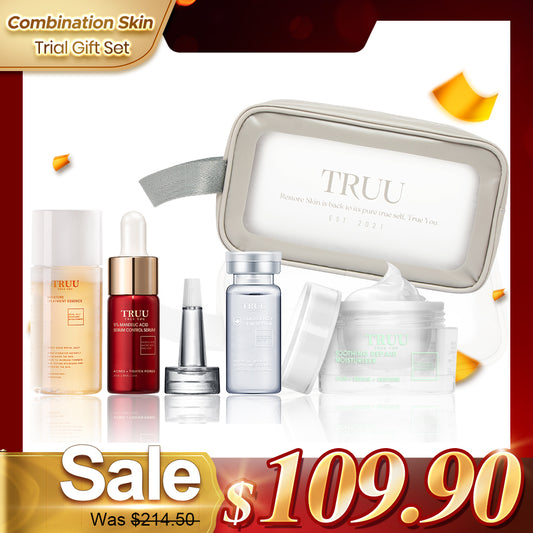 TRUU Treatment Essence - 30ml + 5% Mandelic Acid -8g + Repair Essence -10ml + Repair Cream -8g + Skincare Travel Bag | Trial Gift Set