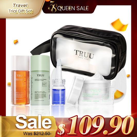 Pencuci Muka TRUU 76 -30g + Losyen Penenang -30g + Serum Peptida Kuprum -7ml + Krim Pembaikan -8g + Beg Perjalanan Penjagaan Kulit | Set Hadiah Percubaan