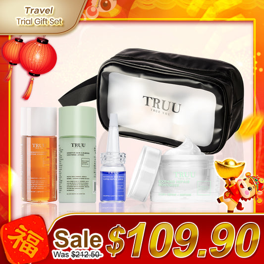 TRUU 76 Cleanser -30g + Soothing Lotion -30g + Copper Peptide Serum -7ml + Repair Cream -8g + Skincare Travel Bag | Trial Gift Set