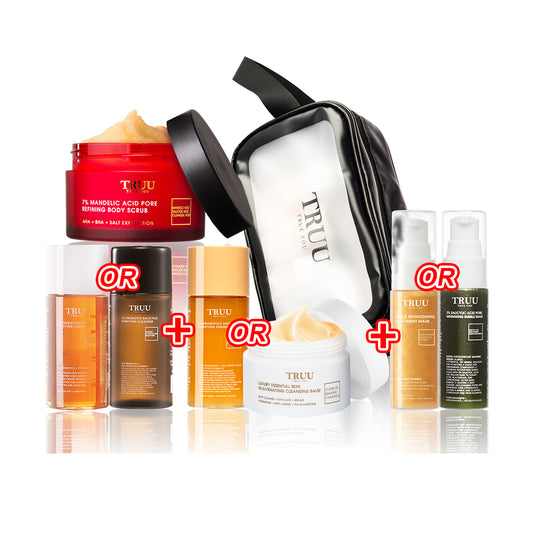 TRUU (76 Cleanser) Pick one + (76 Feminine Wash 20g / Cleansing Balm -30ml) + (Bubble Mask) Pick one + Body Scrub -70g + Skincare Travel Bag | Trial Gift Set