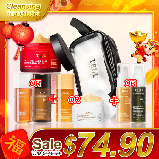 TRUU (76 Cleanser) Pick one + (76 Feminine Wash 20g / Cleansing Balm -30ml) + (Bubble Mask) Pick one + Body Scrub -70g + Skincare Travel Bag | Trial Gift Set